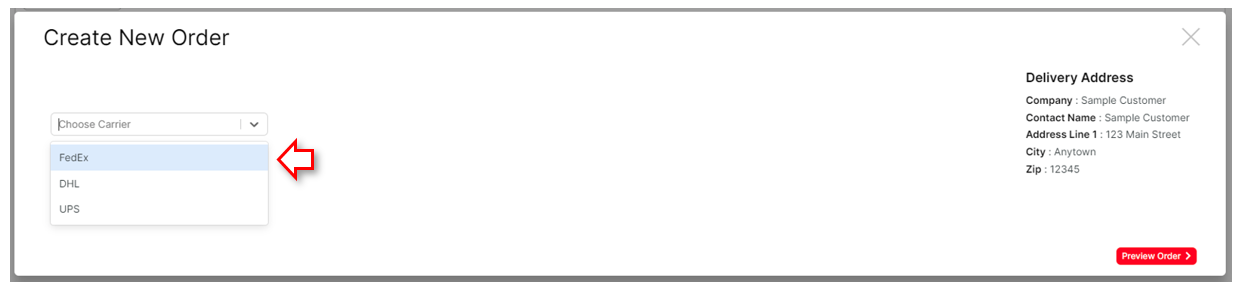 Choose Carrier dropdown with available supplies