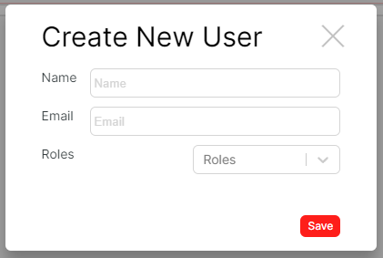 Create New User dialogue with name, email, and role fields