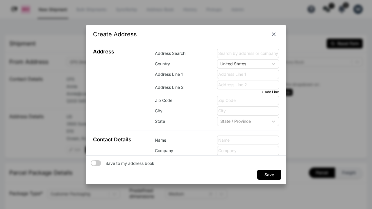 Priority Shippers Create Address dialog for custom To Address entry