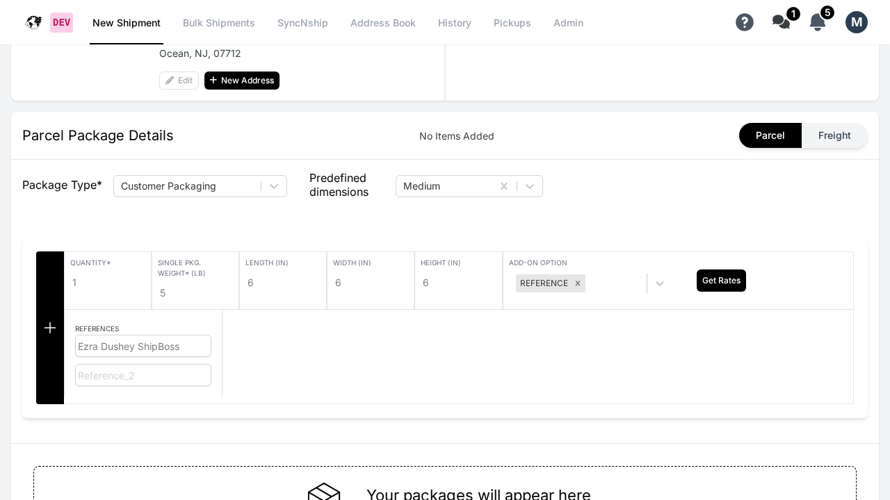 Priority Shippers Package Details section with package type, dimensions, quantity, and weight fields