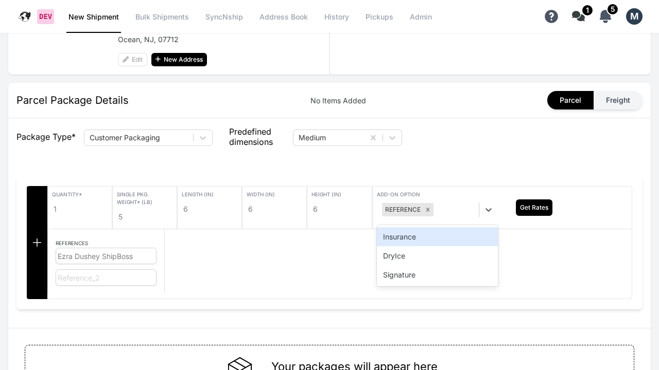 Priority Shippers Add-On dropdown showing Insurance, Dry Ice, and Signature options