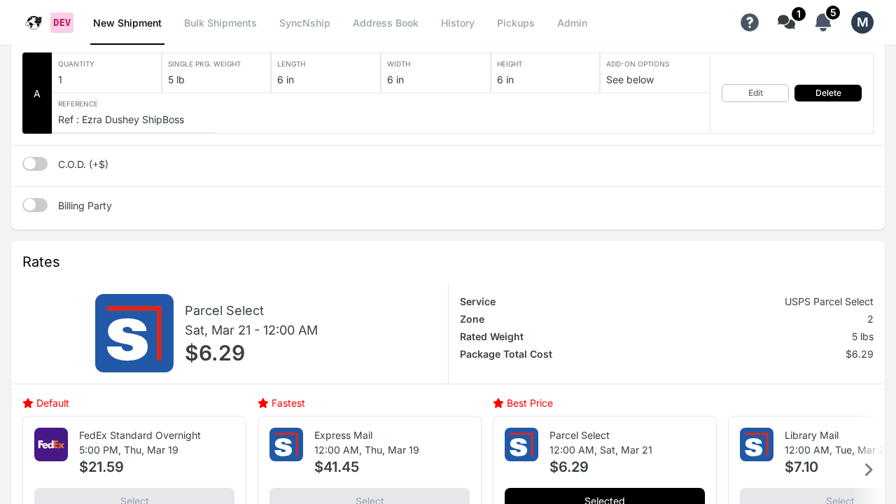 Priority Shippers rate detail breakdown showing service, zone, weight, and cost