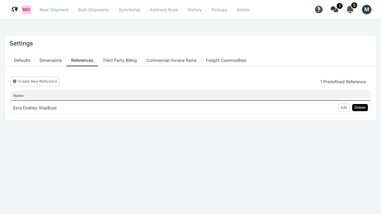 Priority Shippers Settings page showing the References tab with Create New Reference button
