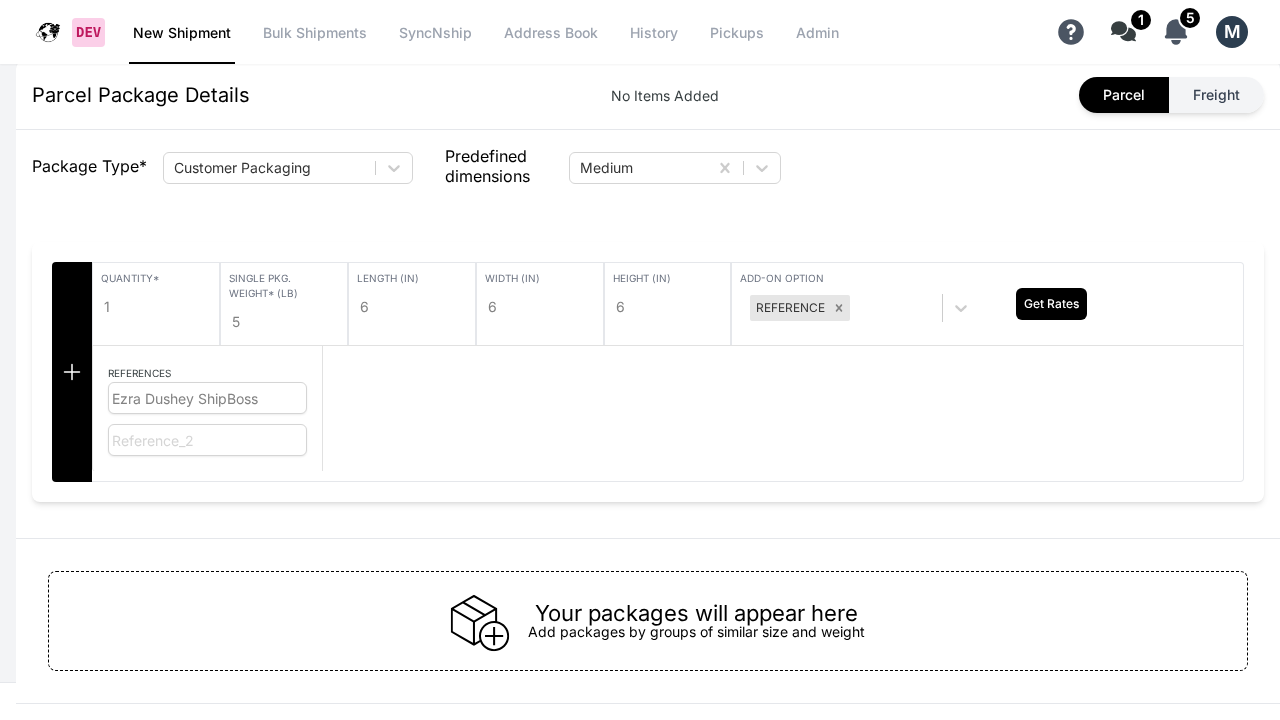 Priority Shippers Package Details showing the Add-On option with Reference selected and reference input fields