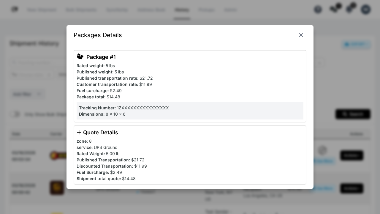 Priority Shippers Package Details floating window showing weight, rates, tracking number, and dimensions