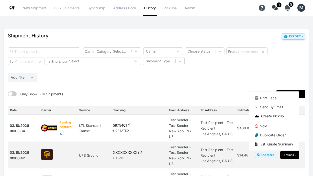 Priority Shippers Actions dropdown menu showing Print Label, Send By Email, Create Pickup, Void, and Duplicate Order options
