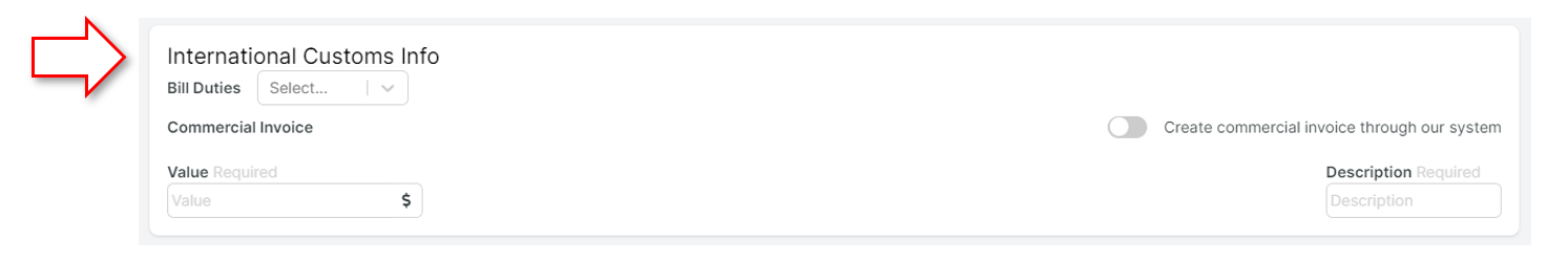 International Customs Info section in Priority Shippers