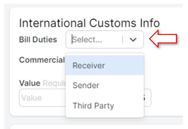 Bill Duties dropdown selection