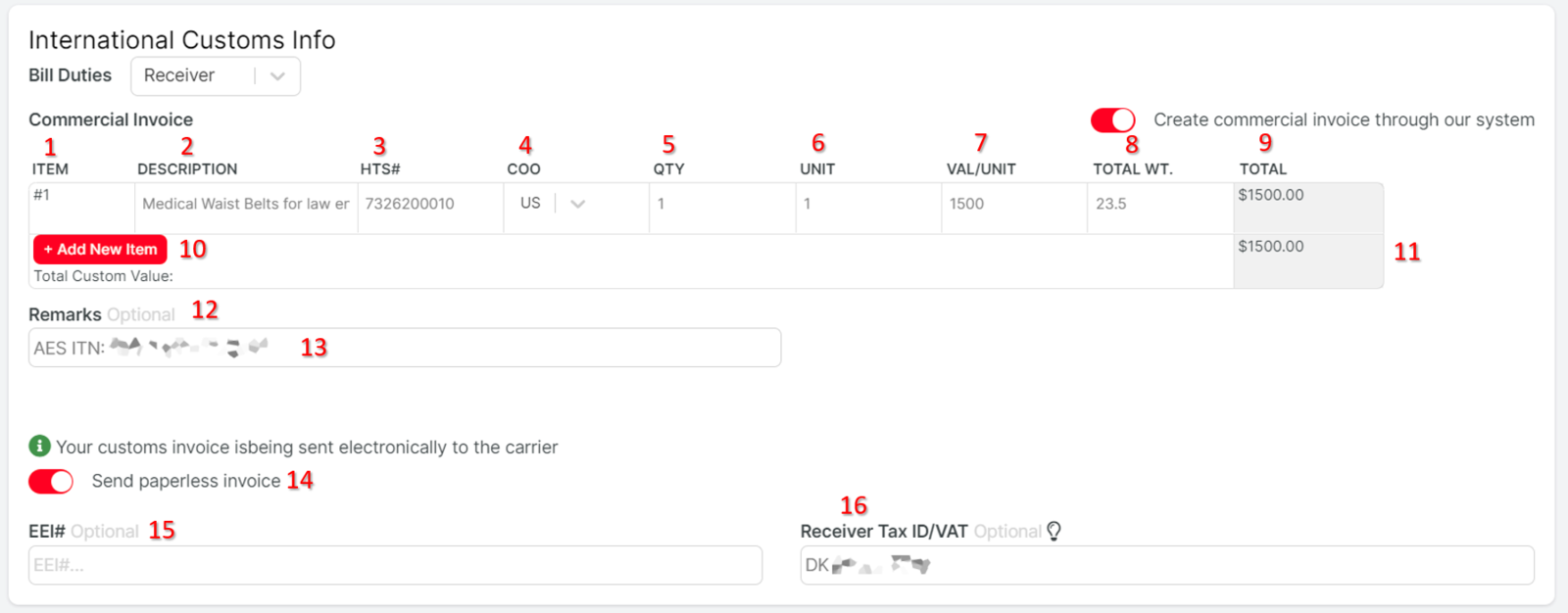 Annotated commercial invoice form with numbered fields