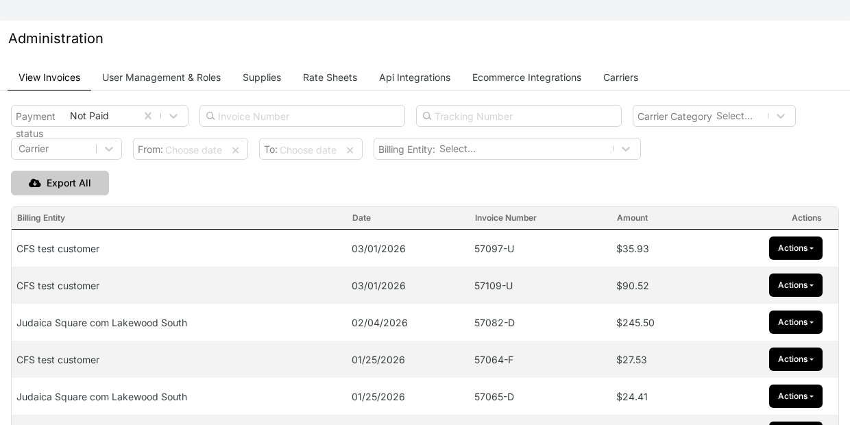 Priority Shippers Admin page with View Invoices tab selected showing the invoice list