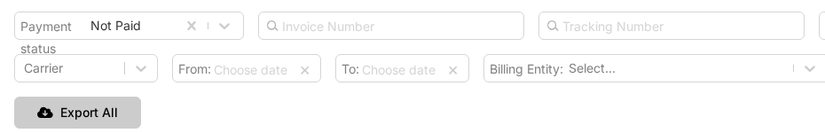 Filter and search controls for invoices including payment status, invoice number, and tracking number