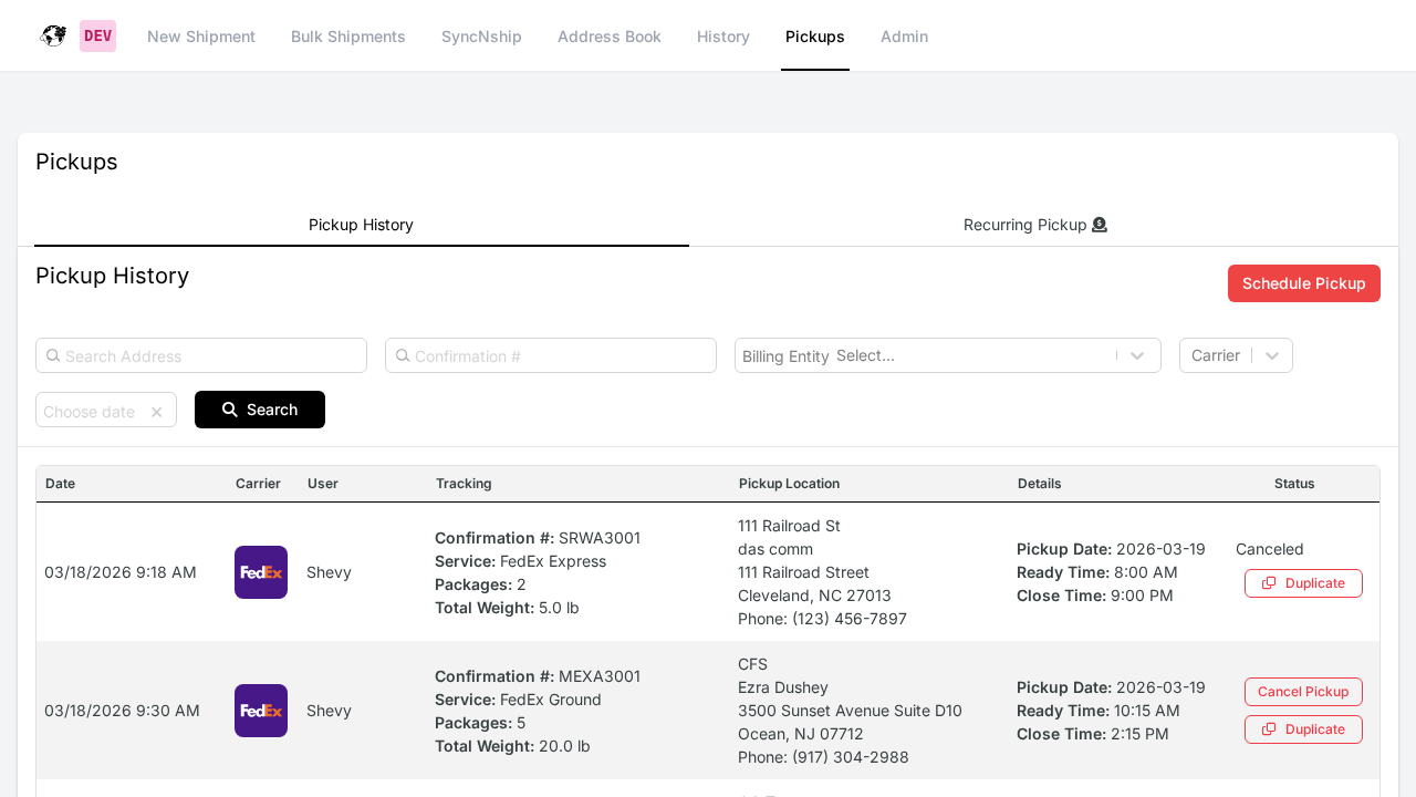 Priority Shippers Pickups page showing the Schedule Pickup button