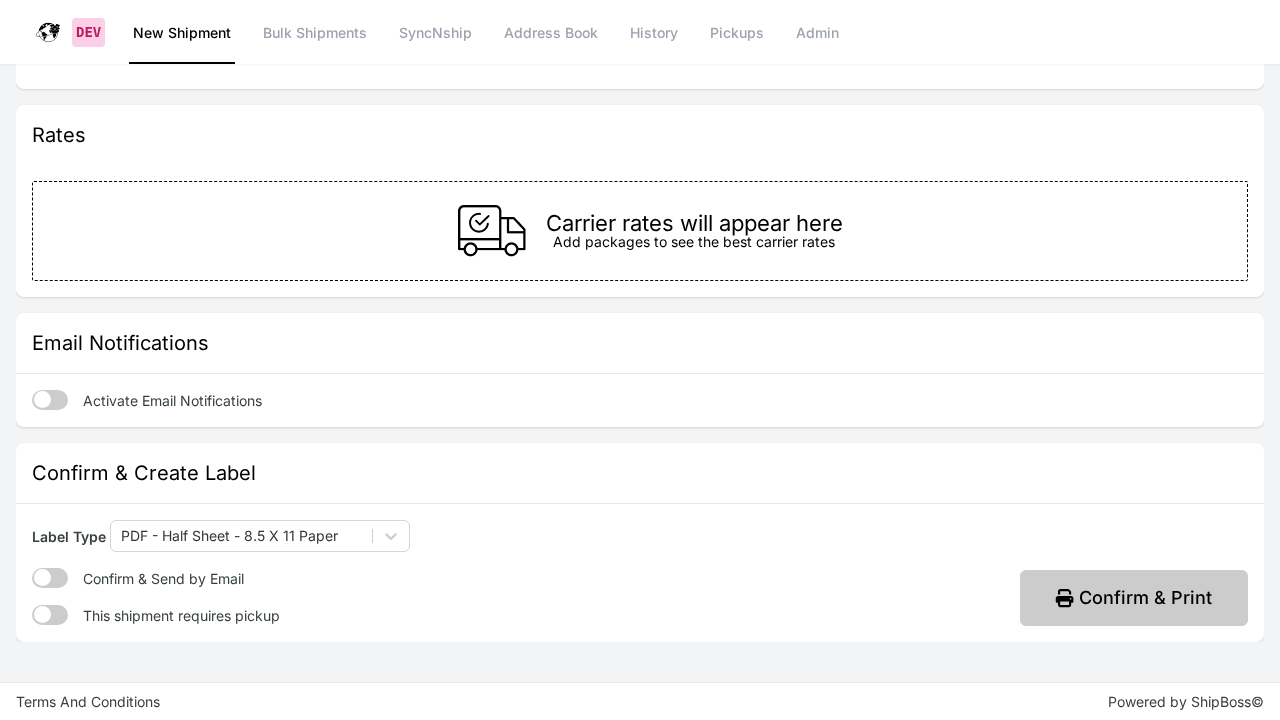 Priority Shippers Ship page showing the This Shipment Requires Pickup toggle