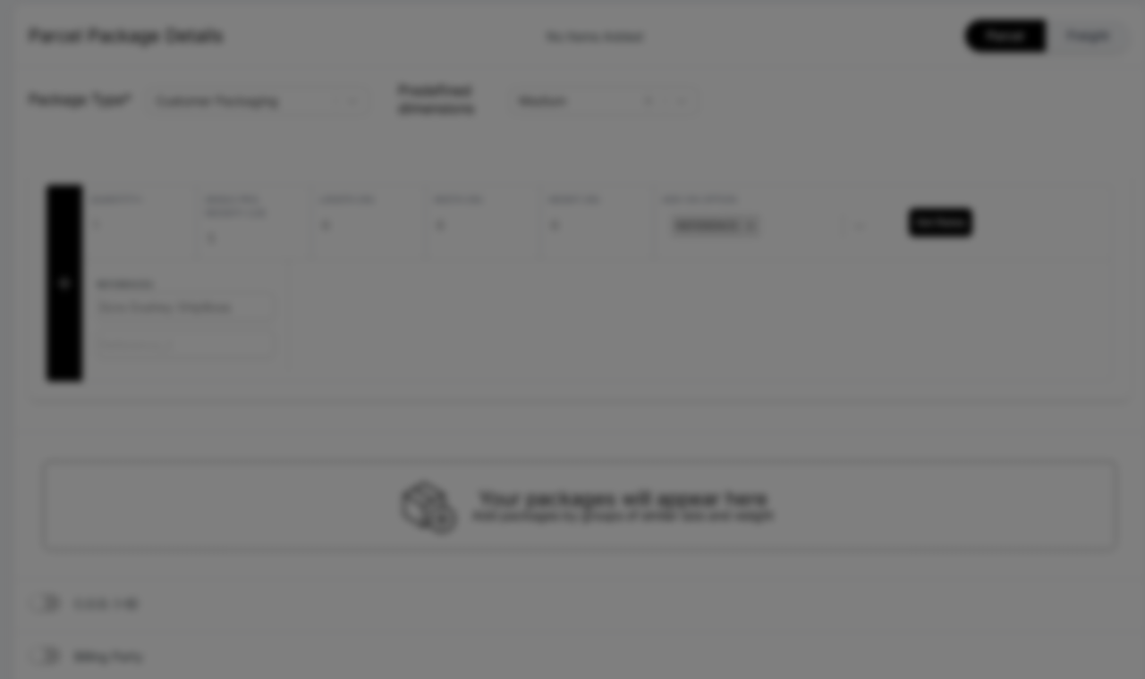 Priority Shippers Package Details section with package type, dimensions, and weight fields